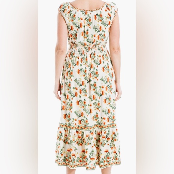MAX STUDIO - Floral Smocked Maxi Dress White Green and Orange Print Size Small - Picture 4 of 5